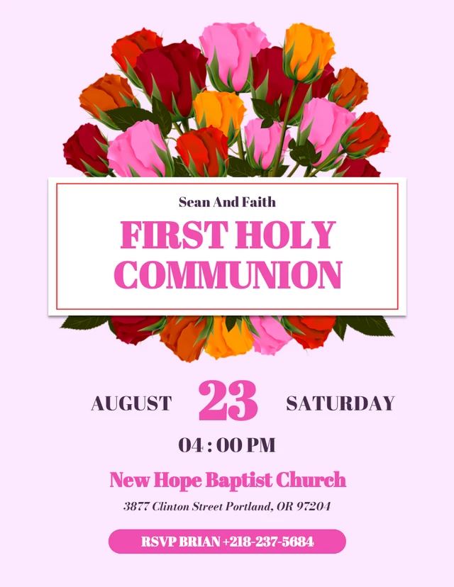 Pink Flower First Communion Invitation Template