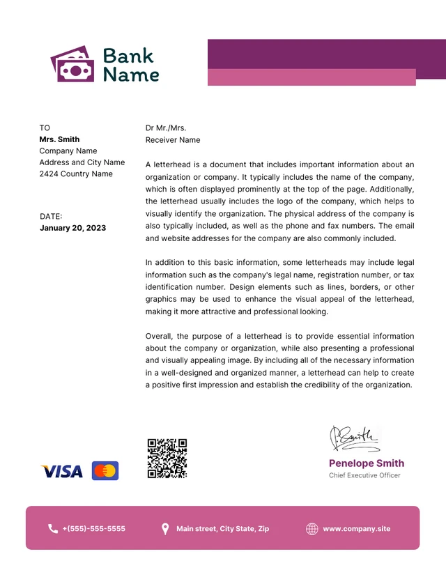 White And Purple Minimalist Professional Bank Letterhead Template