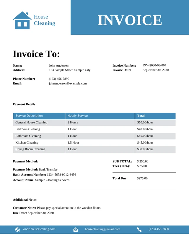 Minimalist Clean White and Blue Cleaning Invoice Template