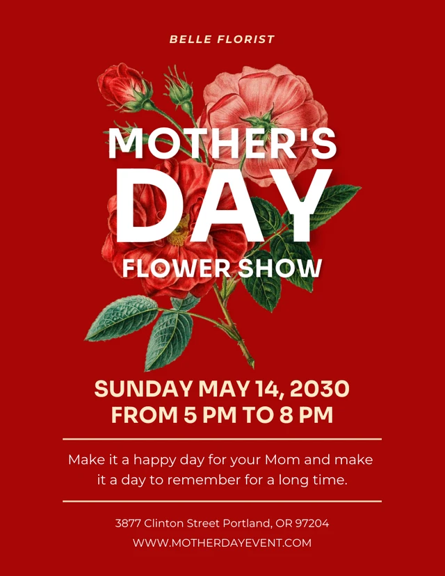 Rote moderne Luxus-Muttertags-Blumenshow-Plakatvorlage