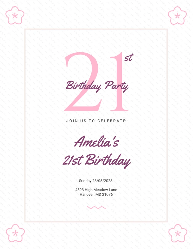 White And Pink Simple 21st Birthday Invitation Template