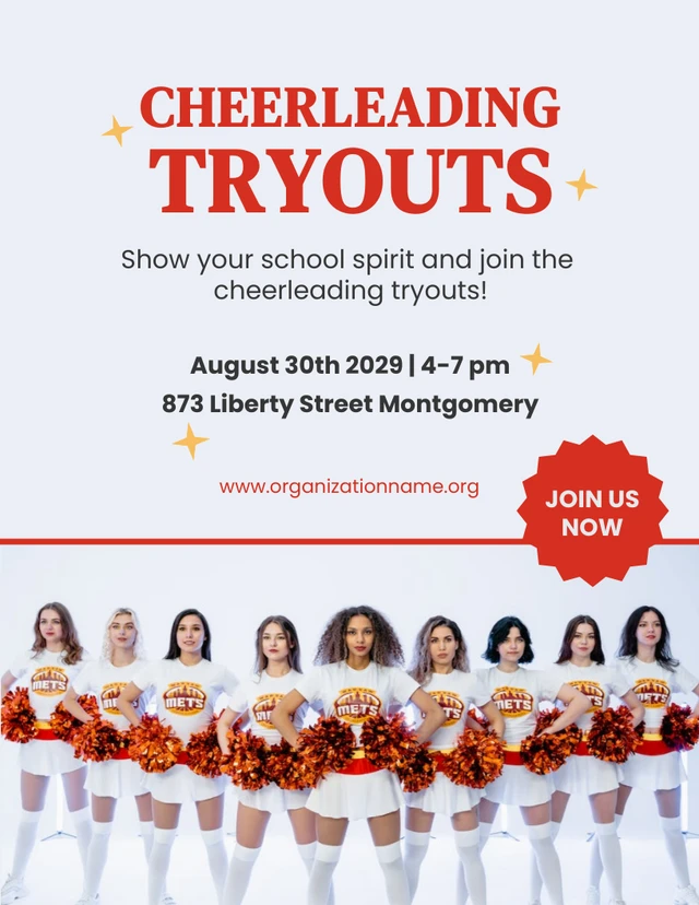 Light Grey And Red Simple Photo Cheerleading Tryouts Poster Template