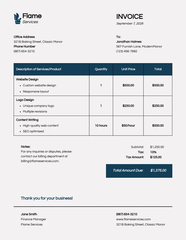 Modern Blue and White Business Invoice Template