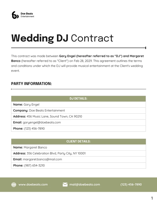 Wedding DJ Contract Template - Página 1