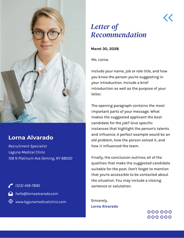 Blue Modern Photo Professional Recommendation Letters Template