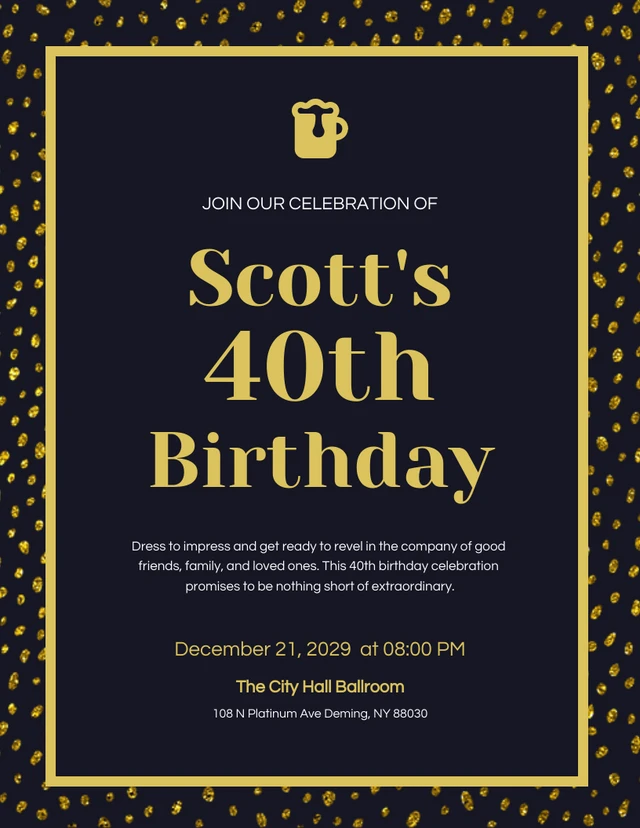 Dark Gold 40Th Birthday Invitation Template