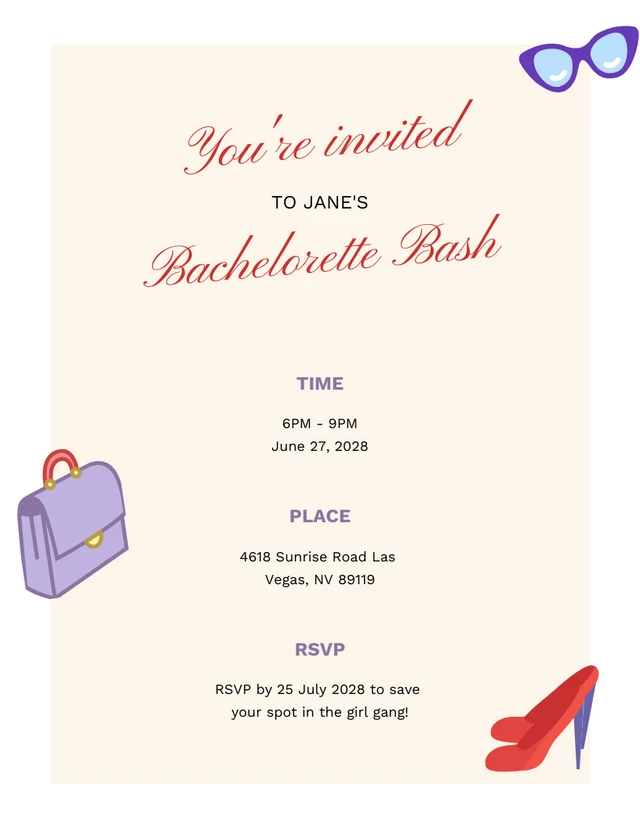 Einfache rote und violette Bachelorette-Einladungsvorlage