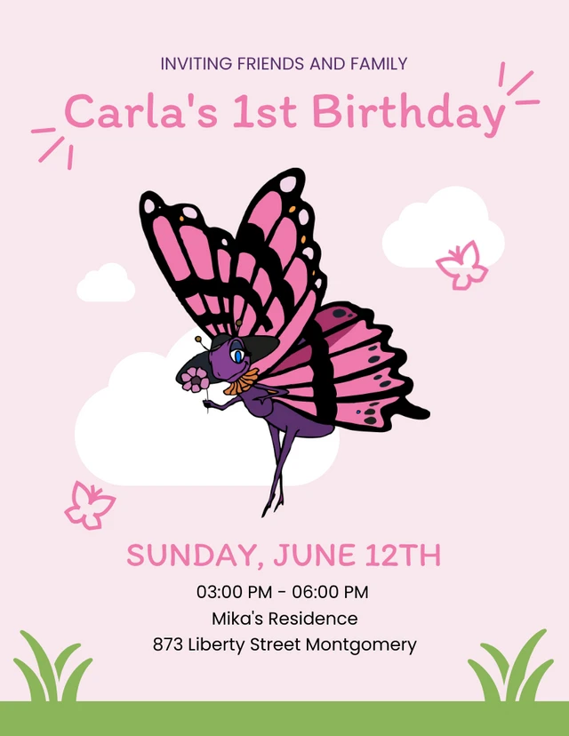 Baby Pink And Green Modern Aesthetic Butterfly Illustration Birthday Invitation Template