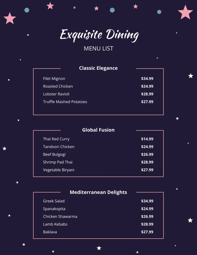 Modèle de menu illustratif Star Diner bleu foncé minuit