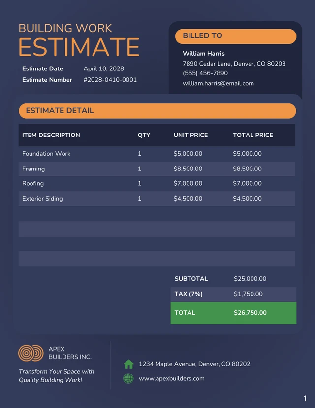 Building Work Estimate Template - Seite 1