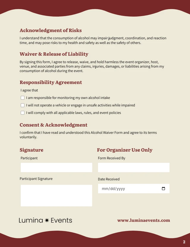 Alcohol Waiver Form Template - Page 2