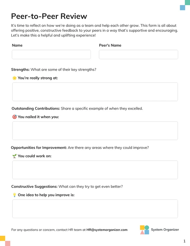 Peer-to-Peer Review Human Resource Form Template - Pagina 1