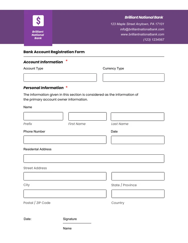 Modèle de formulaire bancaire moderne simple violet et blanc