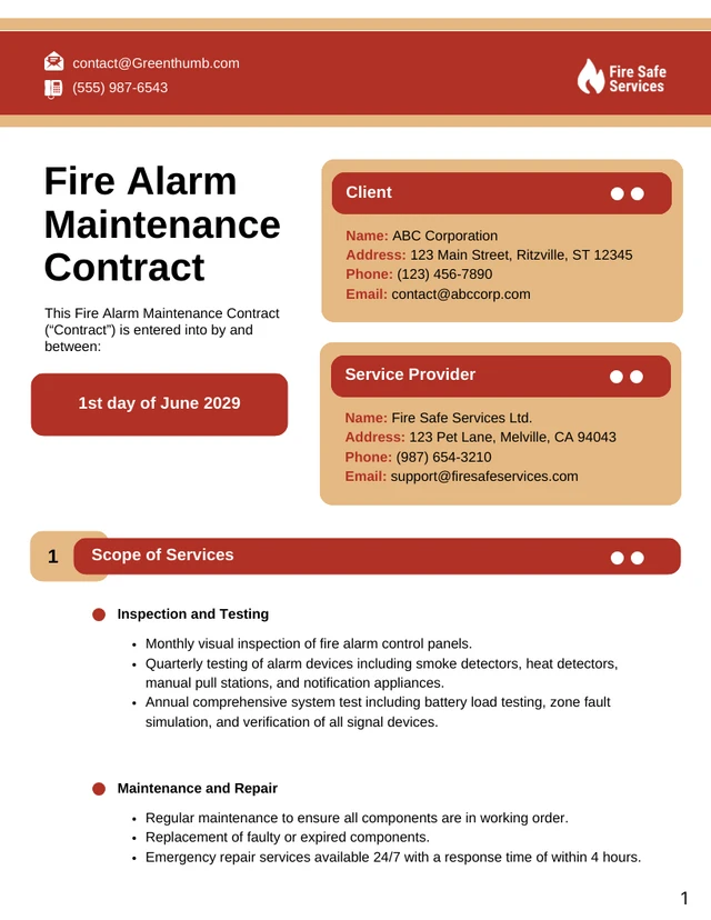 Fire Alarm Maintenance Contract Template - page 1