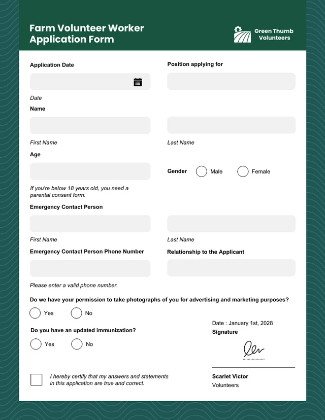 Green Minimalist Pattern Farm Volunteer and Community Service Forms Template