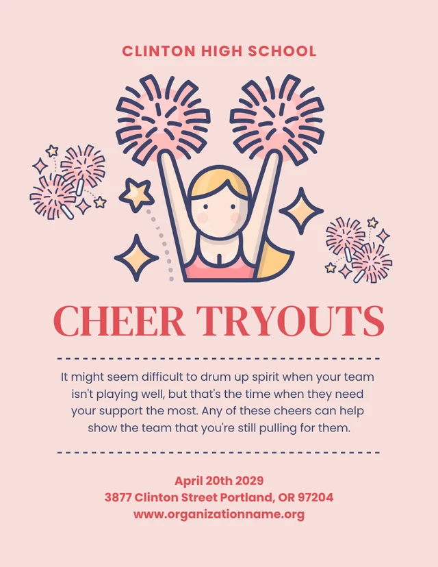 Rosa einfache Illustration Cheerleading Tryouts Poster Vorlage