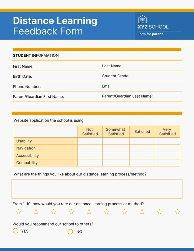 Simple Blue and Orange Distance Learning Feedback Forms Template