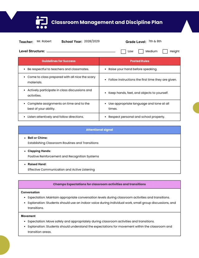 Colorful simple classroom management and discipline plan Template
