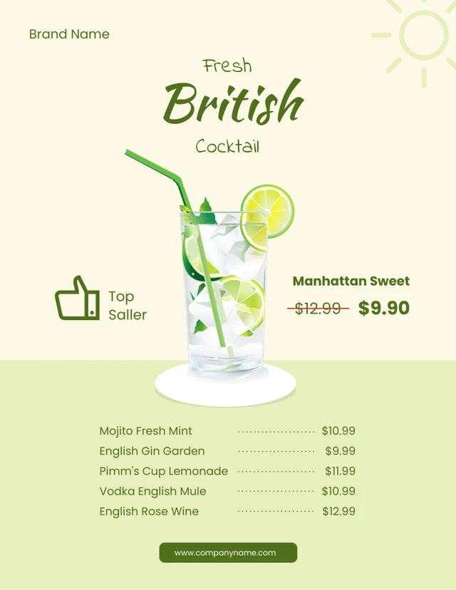 Lustige hellgrüne Cocktailmenü-Vorlage