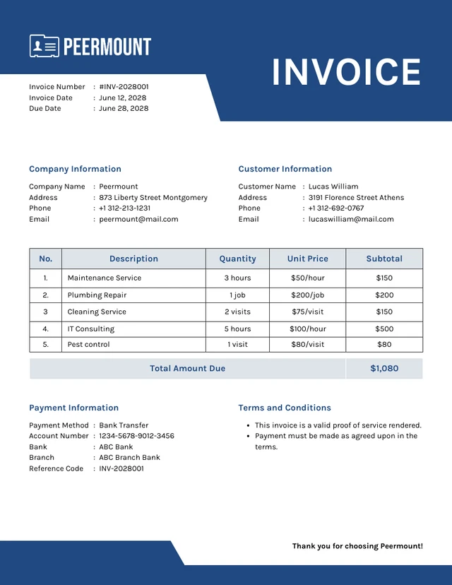 Modèle de facture de service minimaliste bleu et blanc