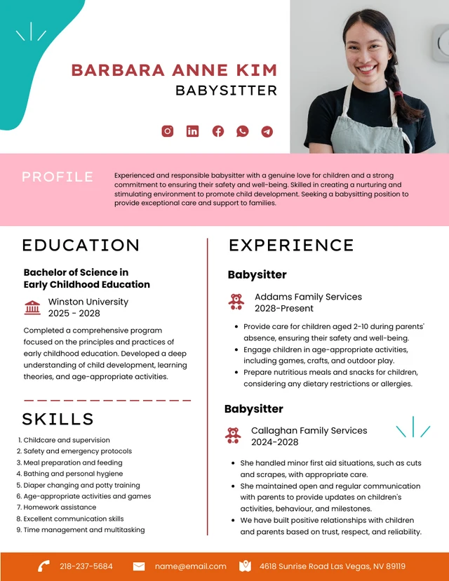 Colorful Babysitter Resume Template