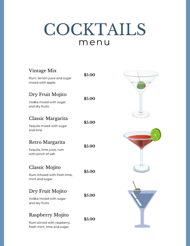 White And Blue Simple Illustration Cocktails Bar Menu Template