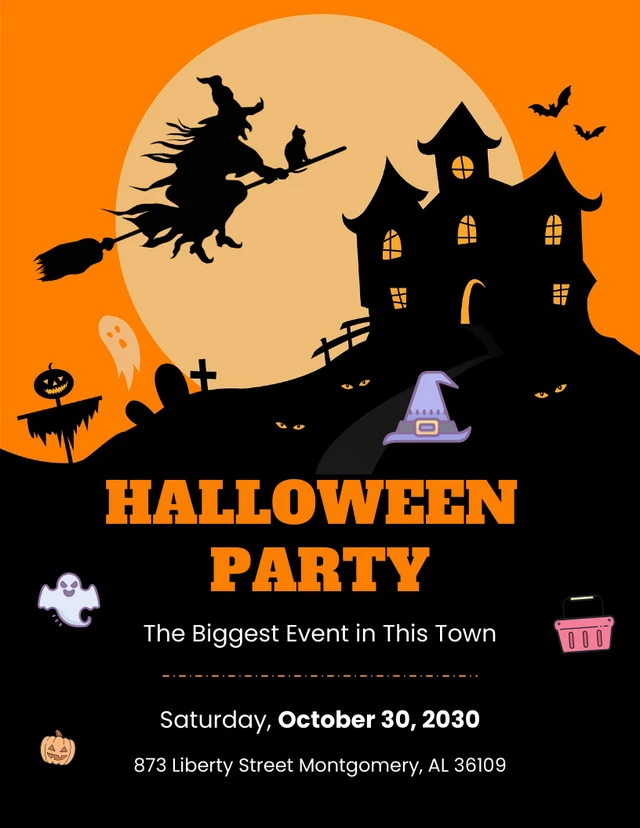 Orange and Black Illustration Halloween Party Invitation Template