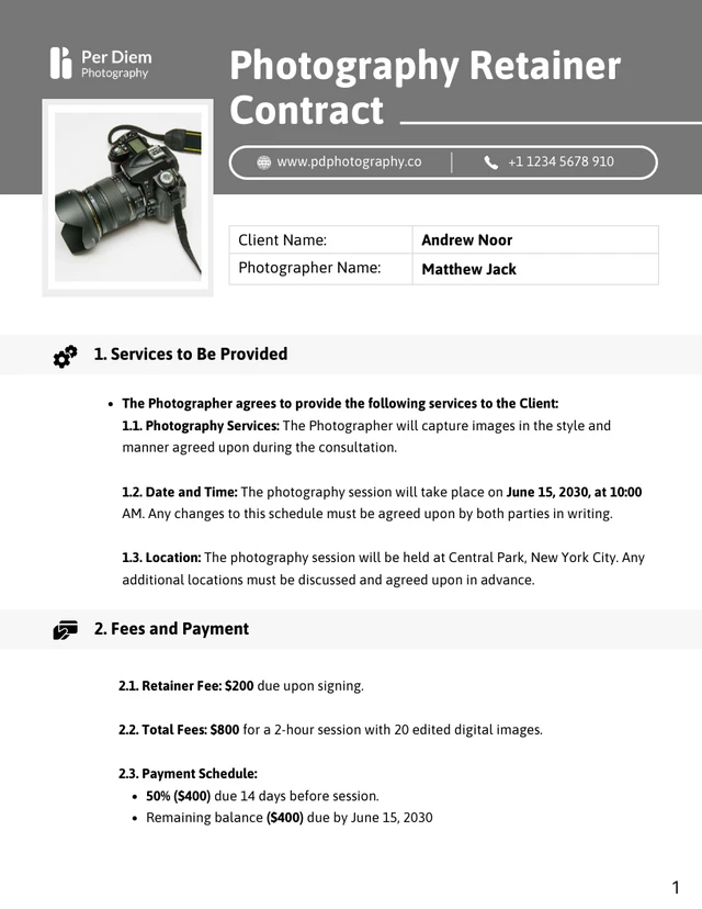 Photography Retainer Contract - page 1