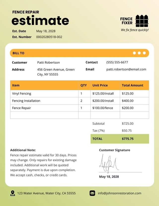 Fence Repair Estimate Template