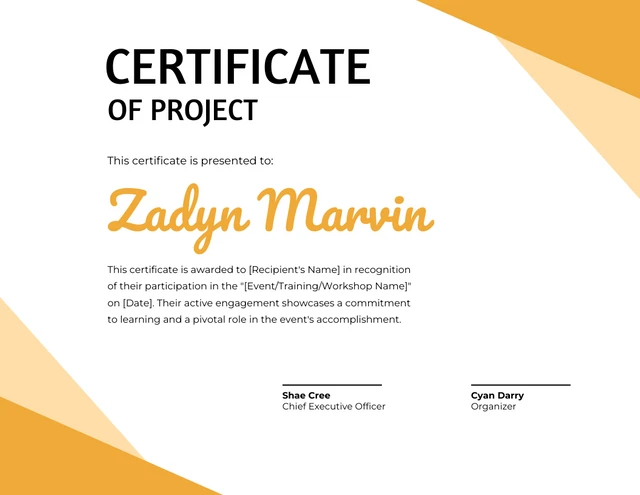 Modèle de certificat de projet jaune moderne