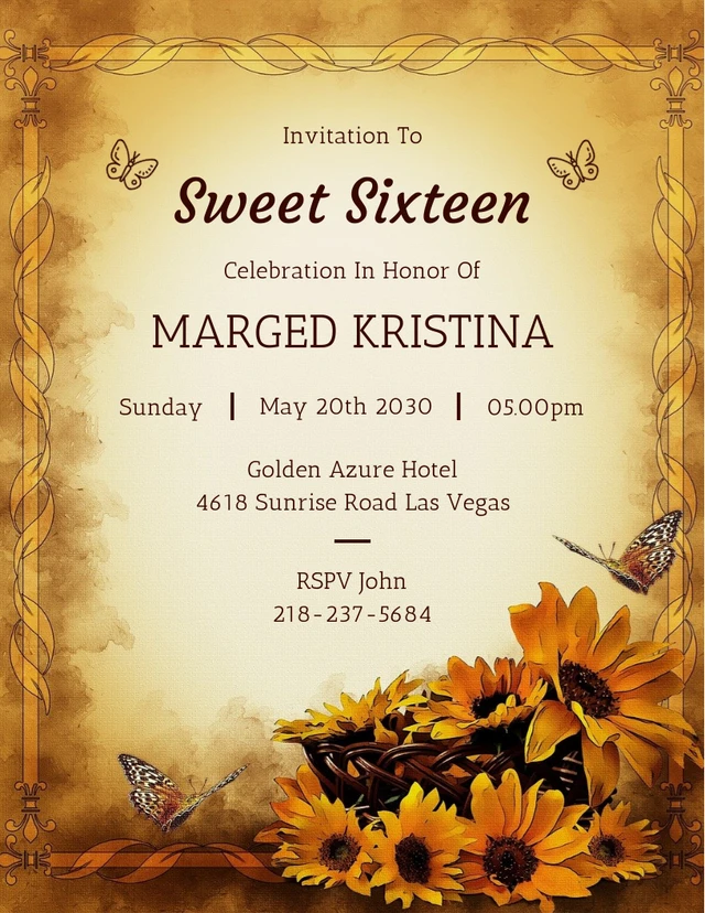 Brown Classic Floral Sweet 16 Birthday Invitation Template