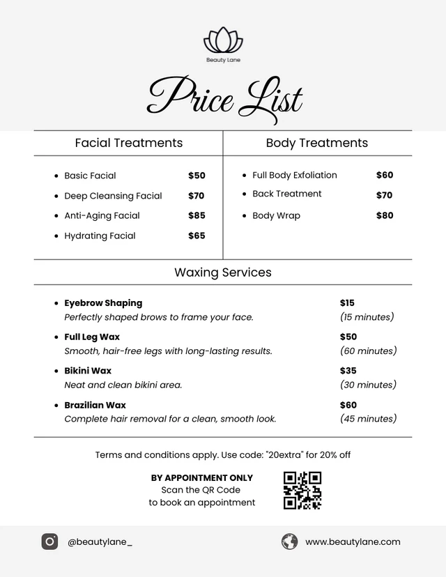 Esthetician Price List Template