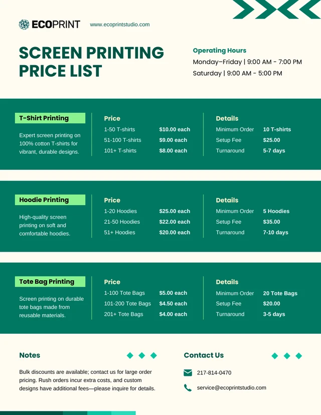 Screen Printing Price List Template