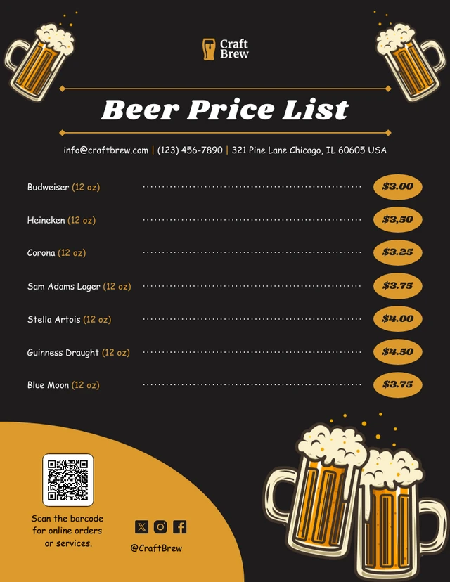 Plantilla de lista de precios de cerveza