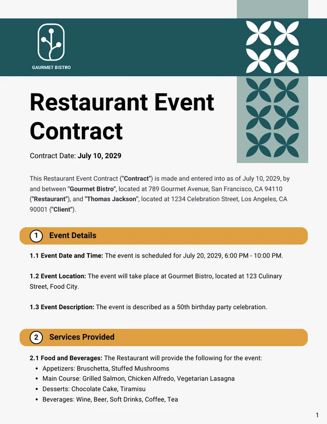 Restaurant Event Contract Template - Page 1