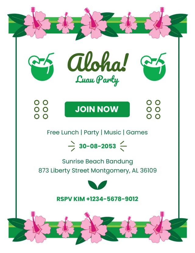 White And Green Modern Bold Illustration Luau Party Invitation Template
