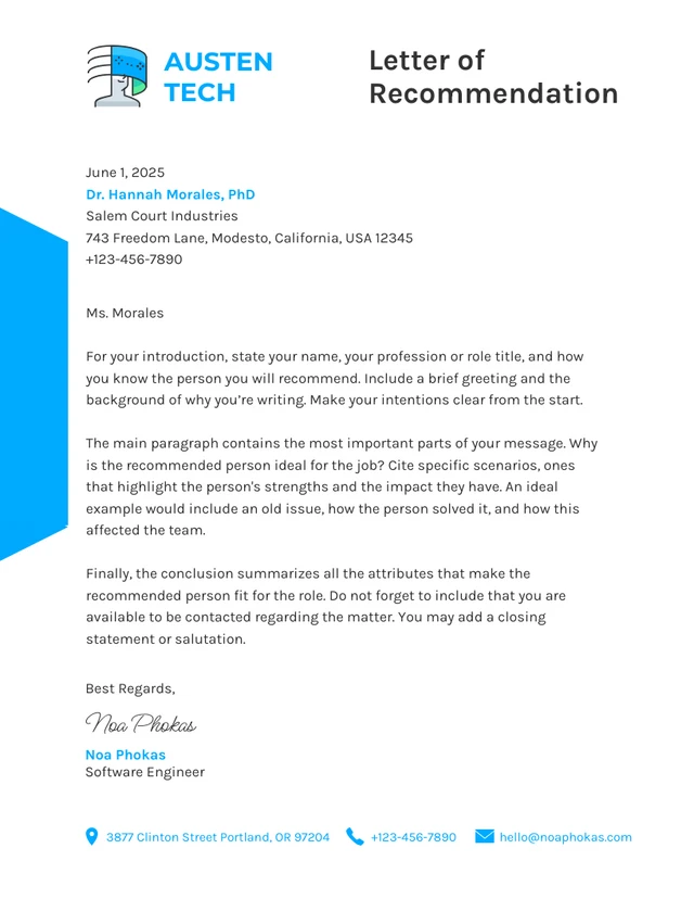 White And Blue Minimalist Recommendation Letters Template