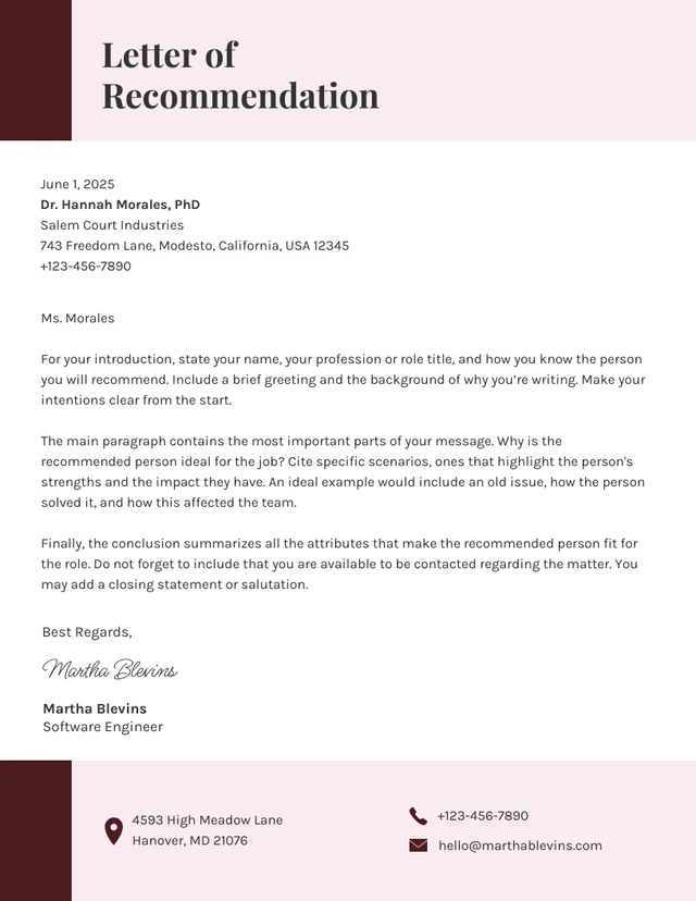 Light Pink And Maroon Simple Recommendation Letters Template