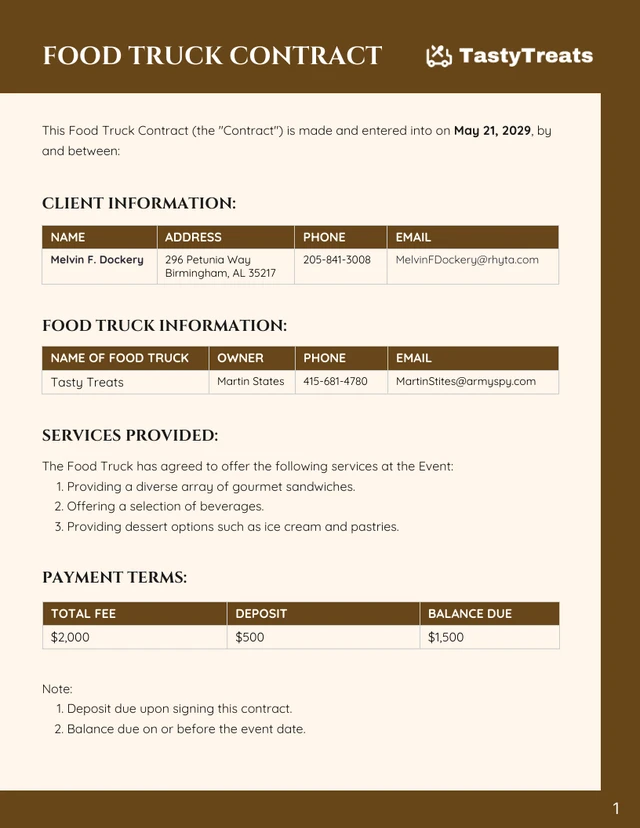 Food Truck Contract Template - Página 1