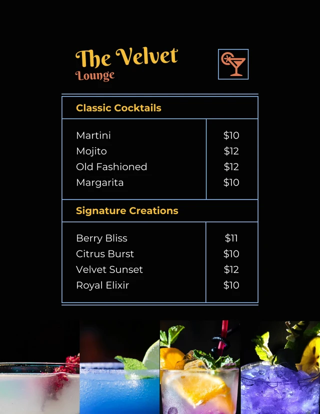 Modèle de menu de cocktails sombres rétro