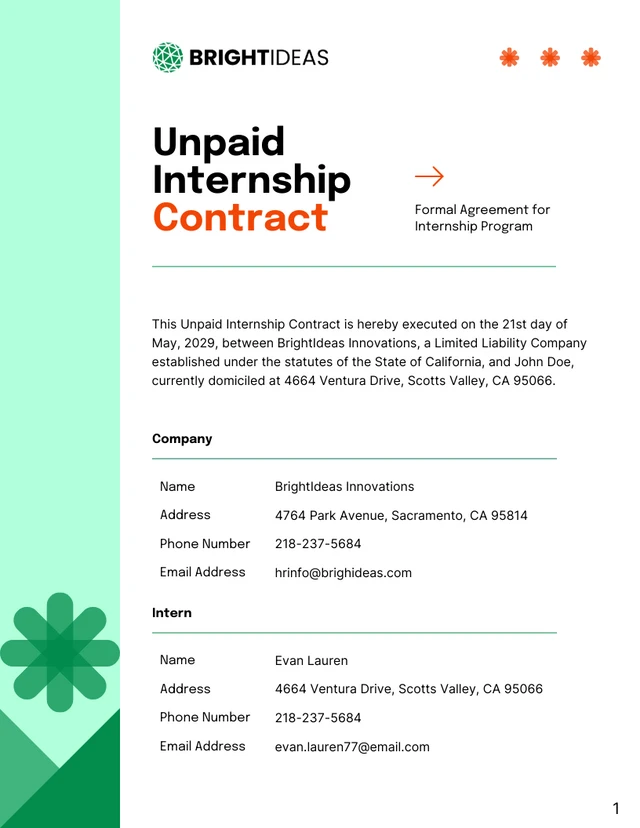 Unpaid Internship Contract Template - Seite 1