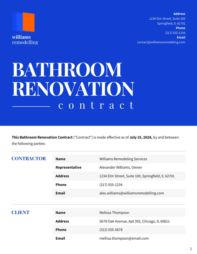 Bathroom Renovation Contract Template - Page 1