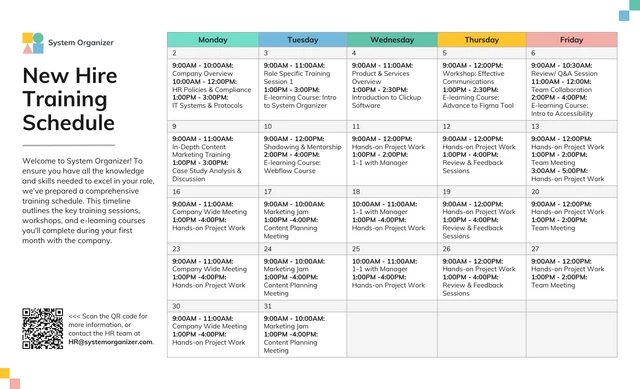 Plantilla de horario de trabajo para el entrenamiento de incorporación de nuevos empleados