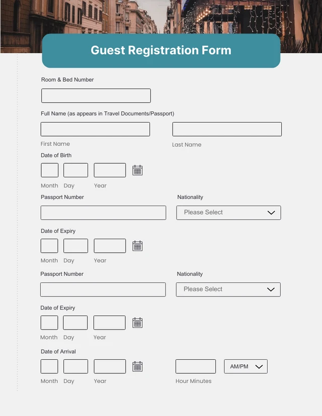 Plantilla de formularios de reserva de huéspedes simples en azul y gris