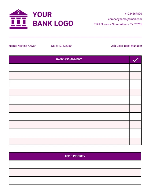 White And Purple Modern Professional Work Bank Checklist
