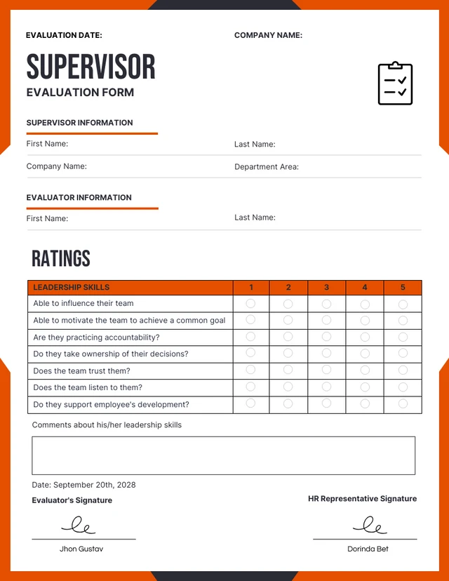 Simple Orange Black Supervisor Evaluation Forms Template