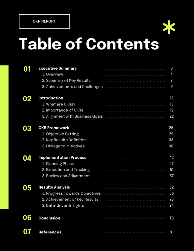 Modèle de table des matières de rapport OKR vert néon et noir moderne