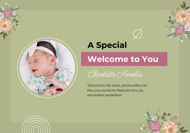 Einfache Vorlage für eine Baby-Willkommenskarte mit grünen Blumen