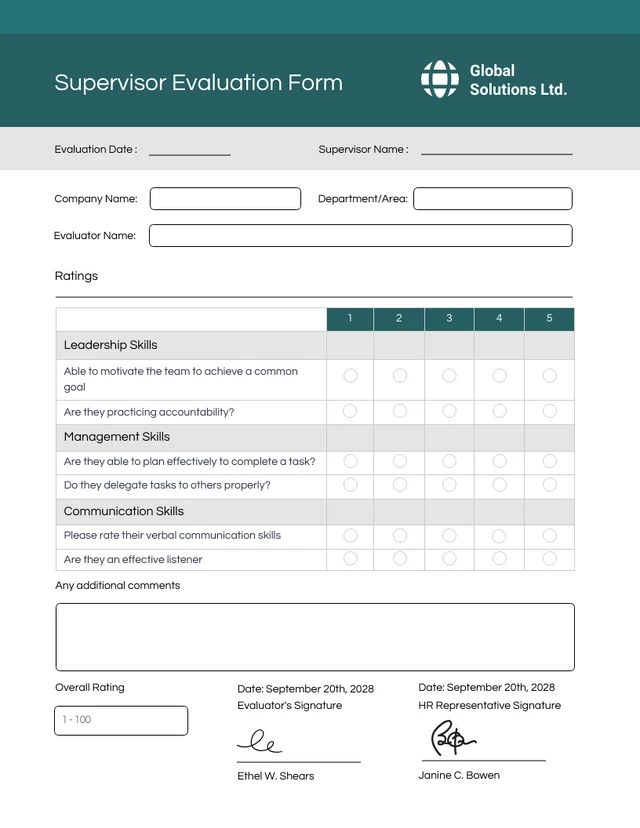 White and Green Simple Supervisor Evaluation Forms Template