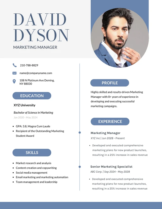 White and Blue Marketing Manager Resume Template